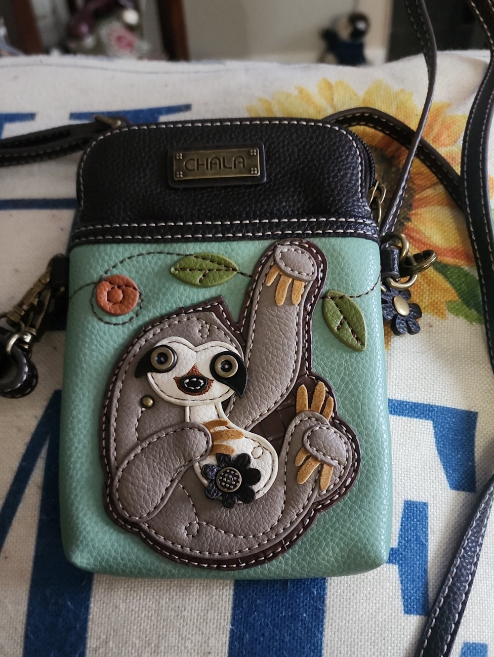 Chala Mint and Brown Crossbody with Sloth Applique